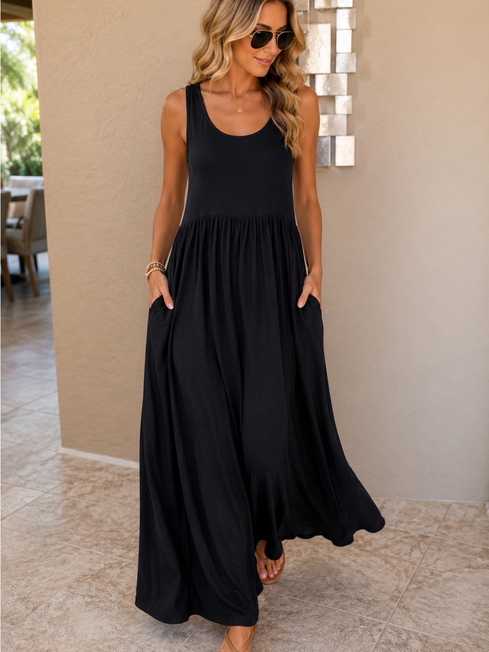 Sleeveless Black Maxi Dress with Pockets — Women
